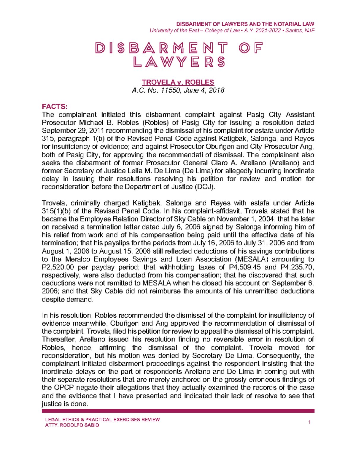 Legal Ethics Review A.Y. 2021-2022: Disbarment & Notarial Law Cases ...
