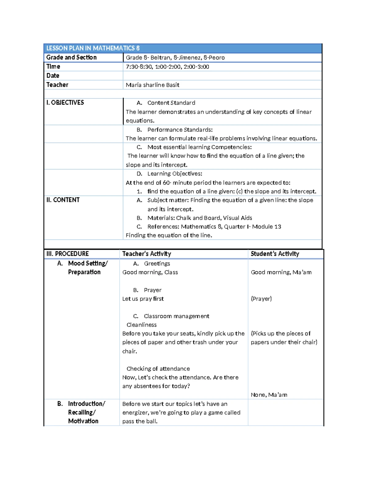 Grade 8 Math: Lesson Plan on Describing Graphs of Linear Equations ...
