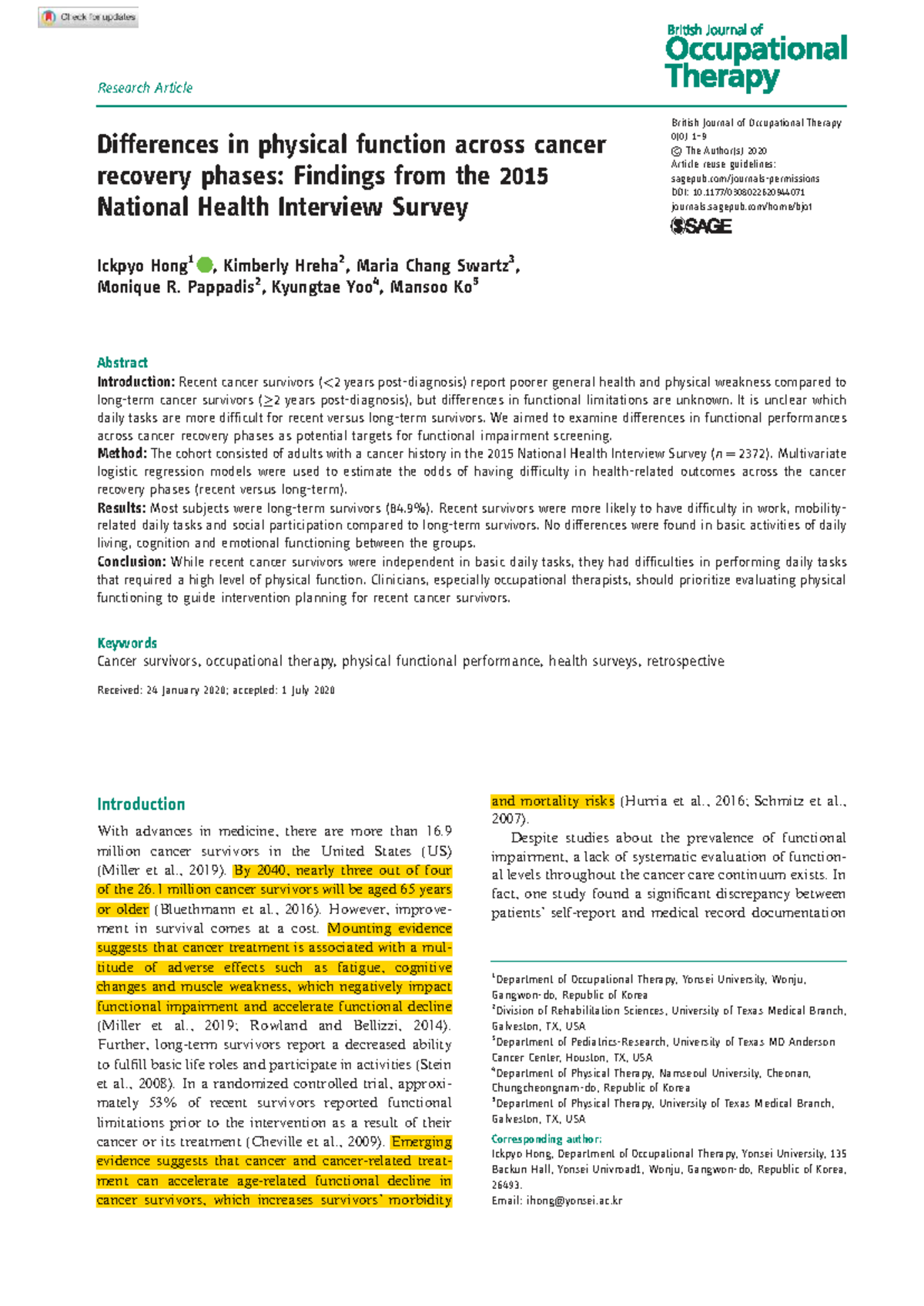 Differences in Physical Function Across Cancer Recovery Phases: NHIS ...
