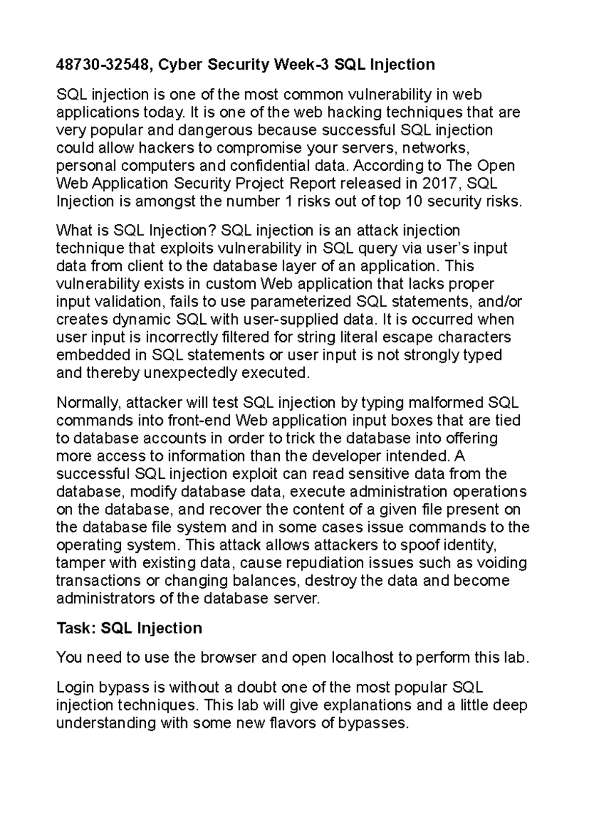 Lab 3a - Lab 3 - 48730-32548, Cyber Security Week-3 SQL Injection SQL ...