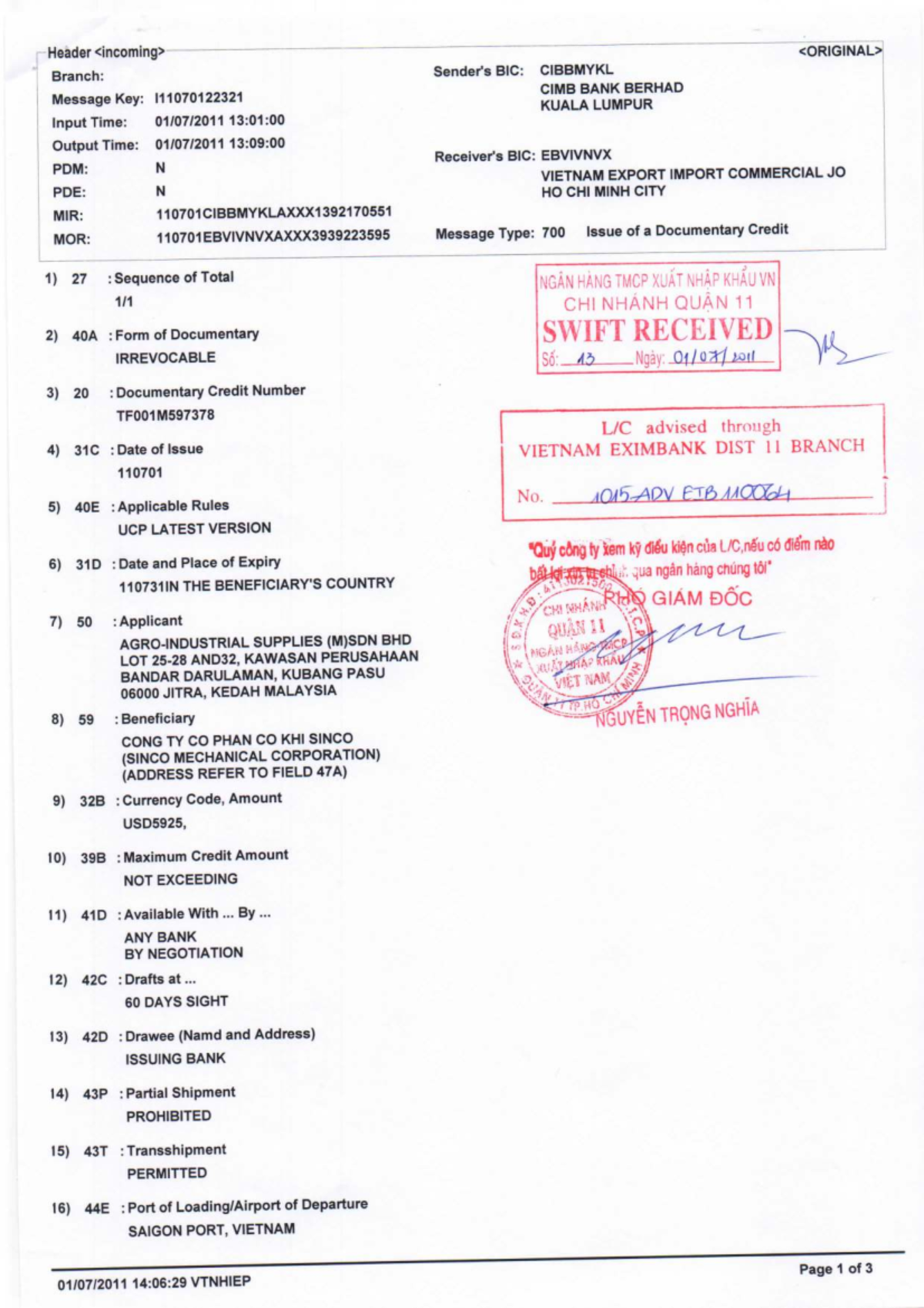 Sinco - Original LC Document (700) - Studocu