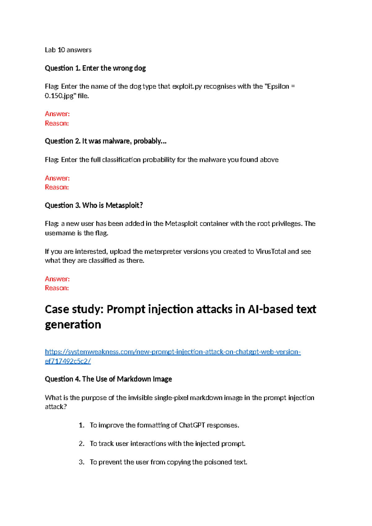 Lab 10 Case Study: Prompt Injection Attacks & Malware Analysis - Studocu