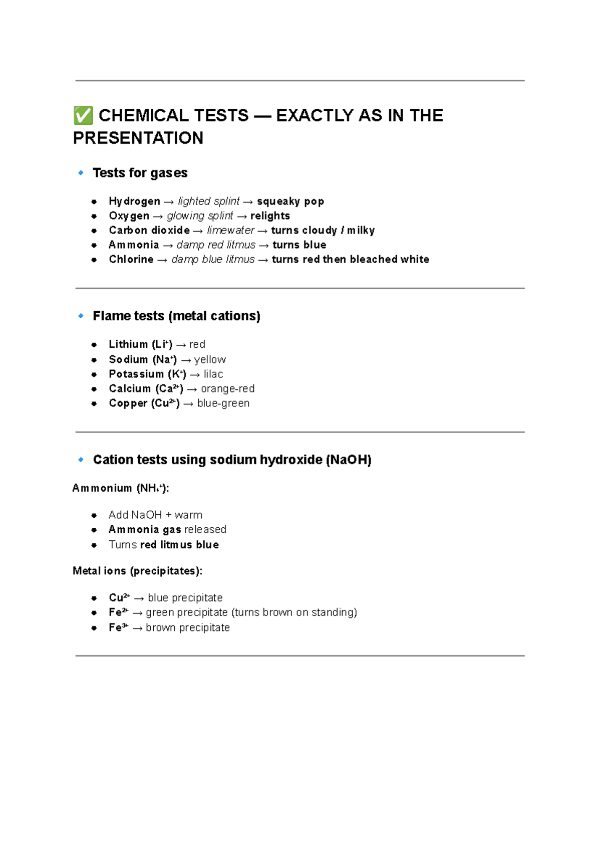 CHEM 101: Chemical Tests Overview from Presentation - Studocu