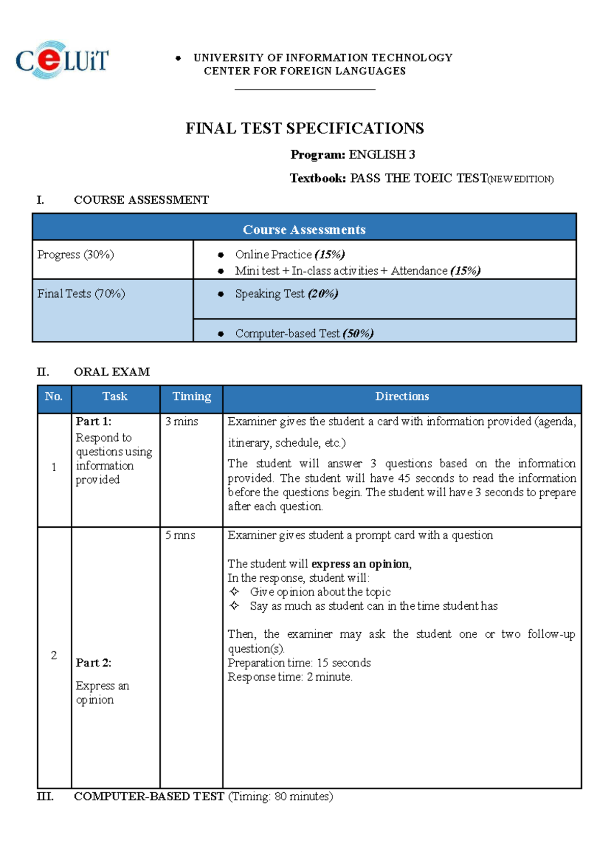 ENG03 Final Test Specifications for PASS THE TOEIC TEST - Studocu