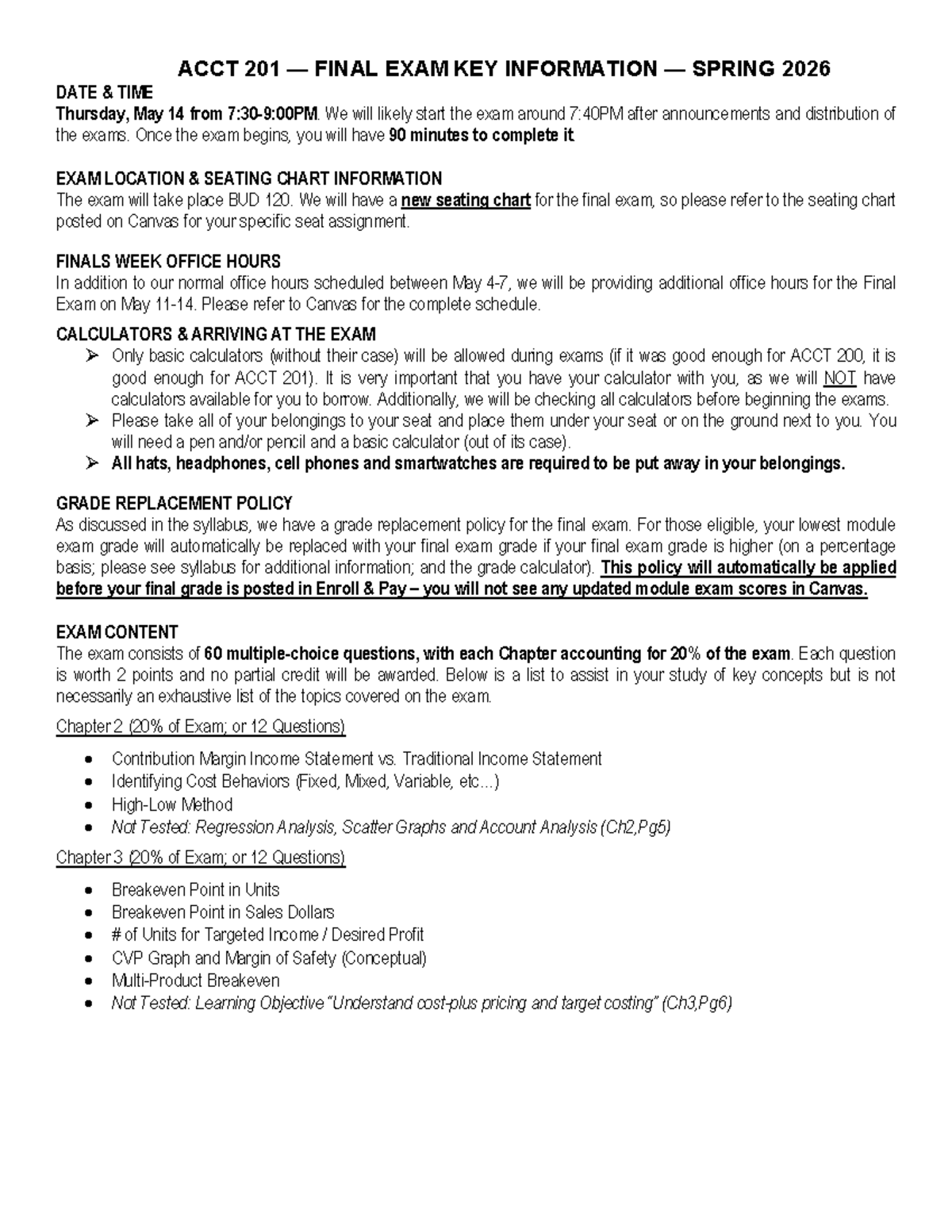 ACCT 201 - Final Exam Key Information - Spring 2026 - Studocu