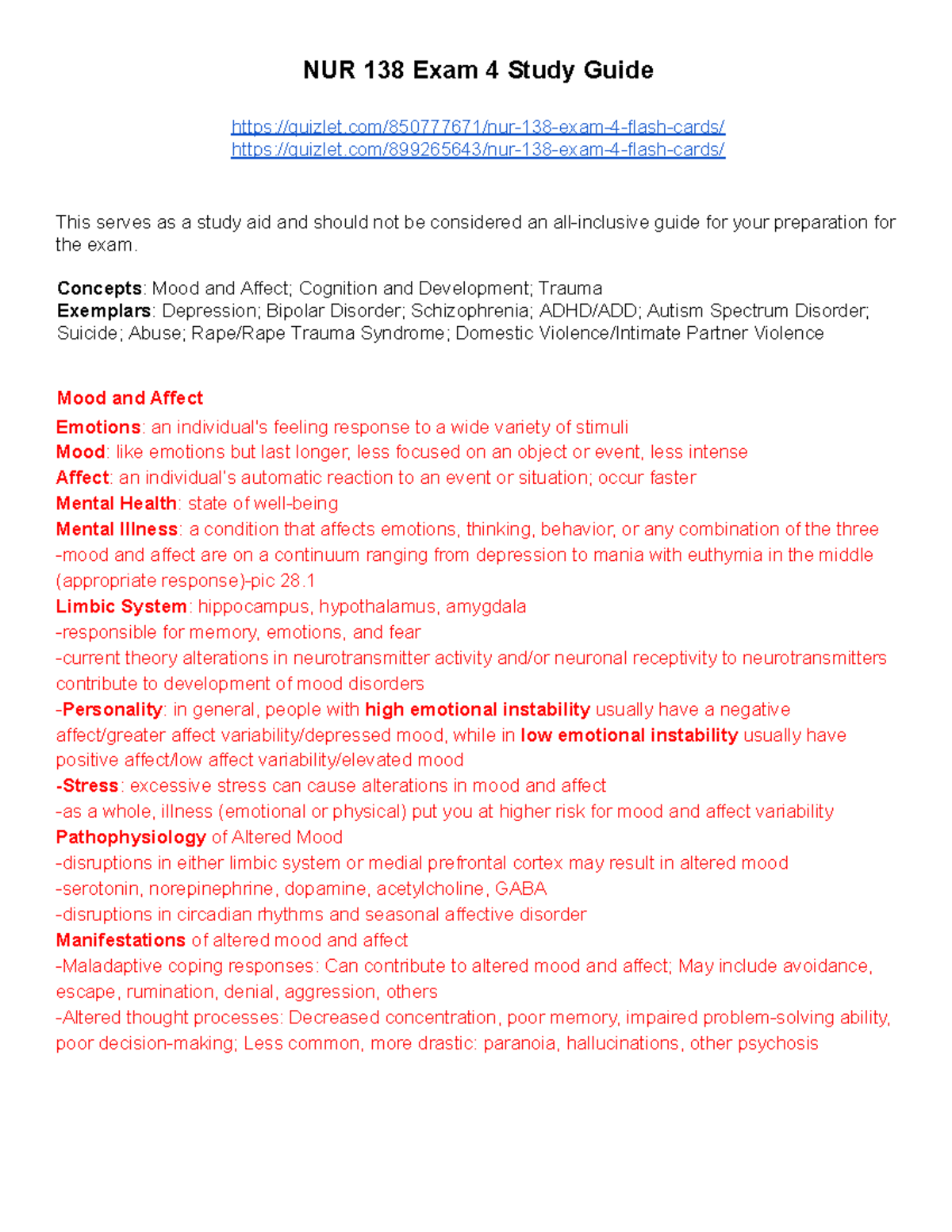 NUR 138 Final Exam 4 Study Guide: Mood Disorders & Mental Health ...