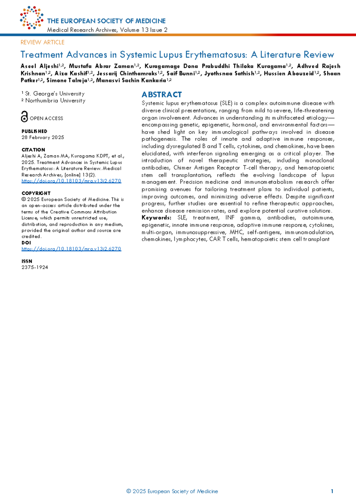 Treatment Advances in Systemic Lupus Erythematosus: A Review (MED 6270 ...