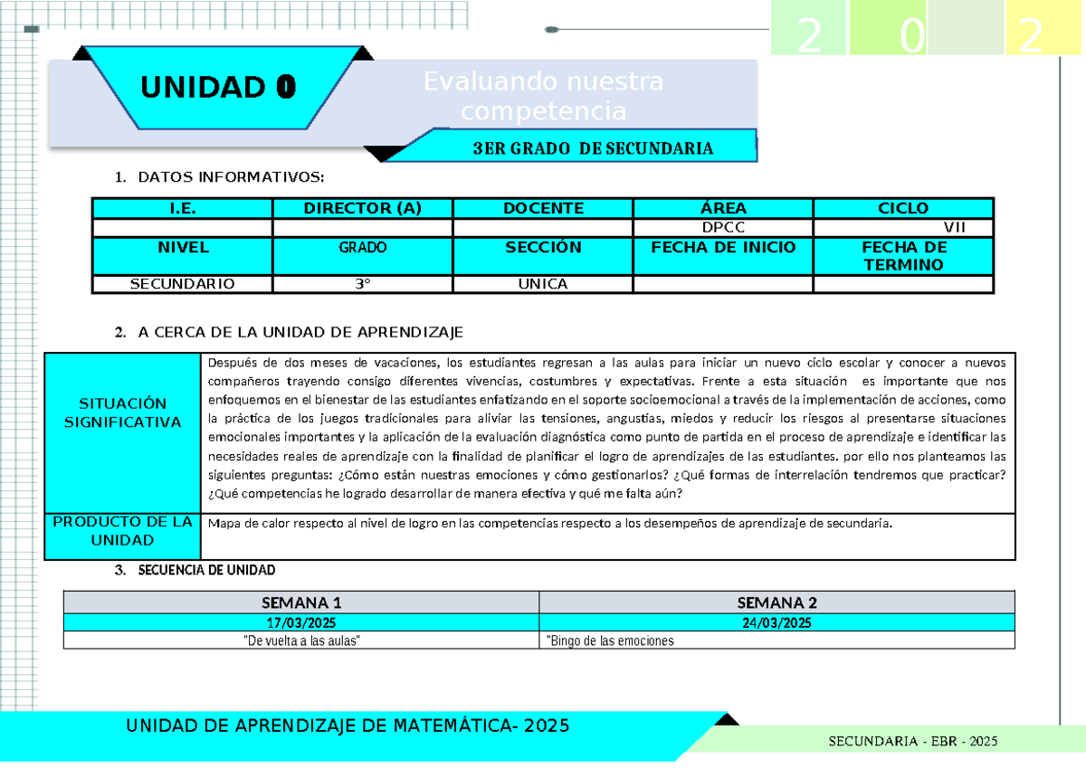 Unidad 0 3° DPCC-2025 - 5 UNIDAD DE APRENDIZAJE DE MATEMÁTICA- 2025 1 ...