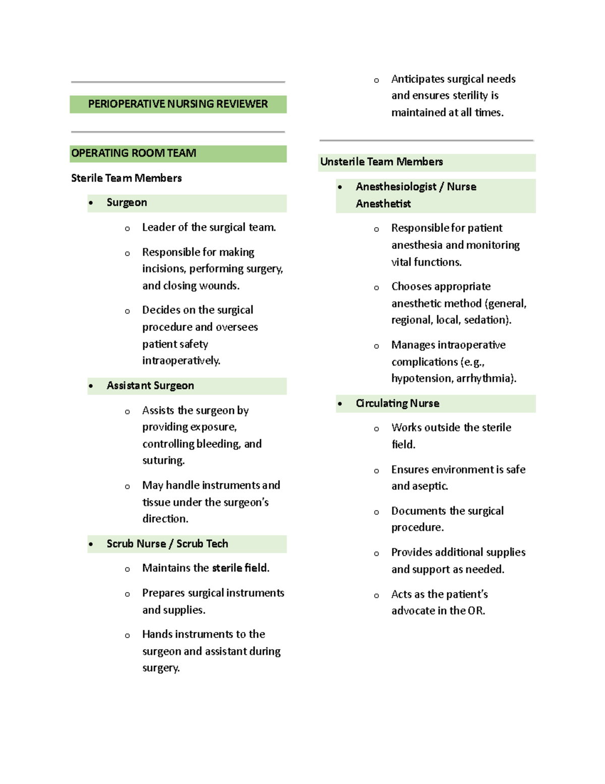 Perioperative Nursing Reviewer: Operating Room Team Roles ...