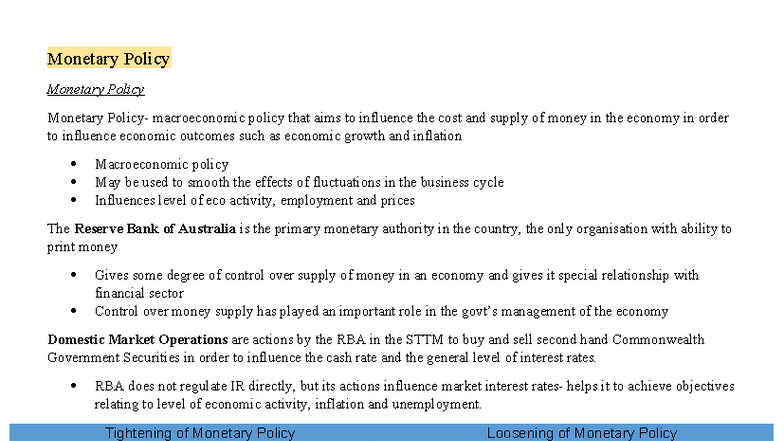 Monetary Policy Overview: Impacts on Economy and Inflation - Studocu