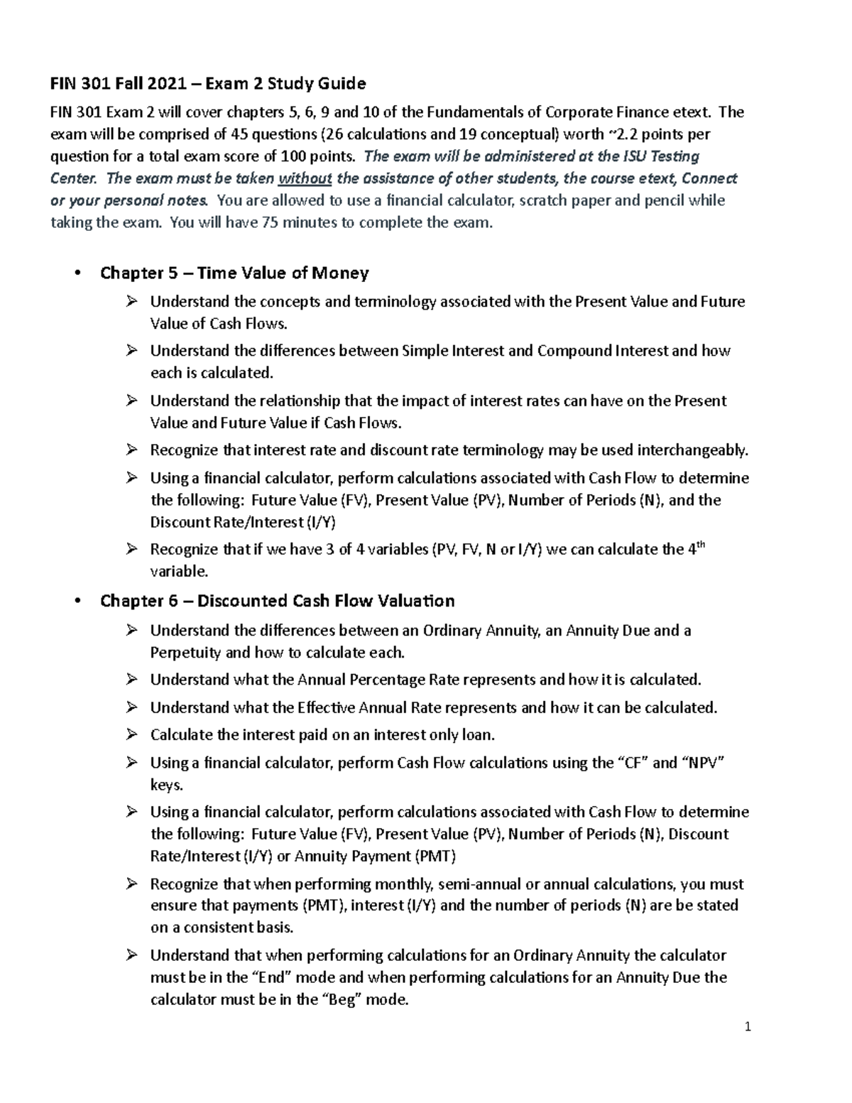 FIN 301 Fall 2021 - Study Guide for Exam 2: Key Concepts & Calculations ...