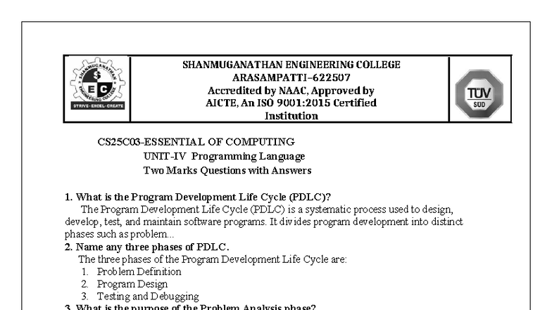 CS25C03 Programming Language Unit 4: Two Marks Q&A - Studocu