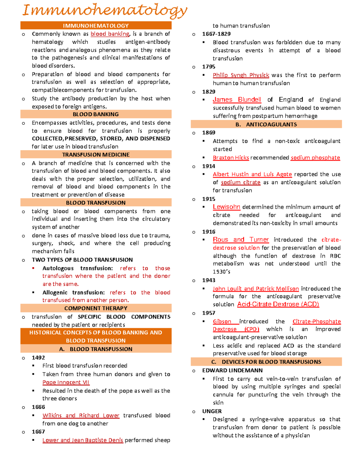 Blood bank lecture trans - Immunohematology IMMUNOHEMATOLOGY o Commonly ...