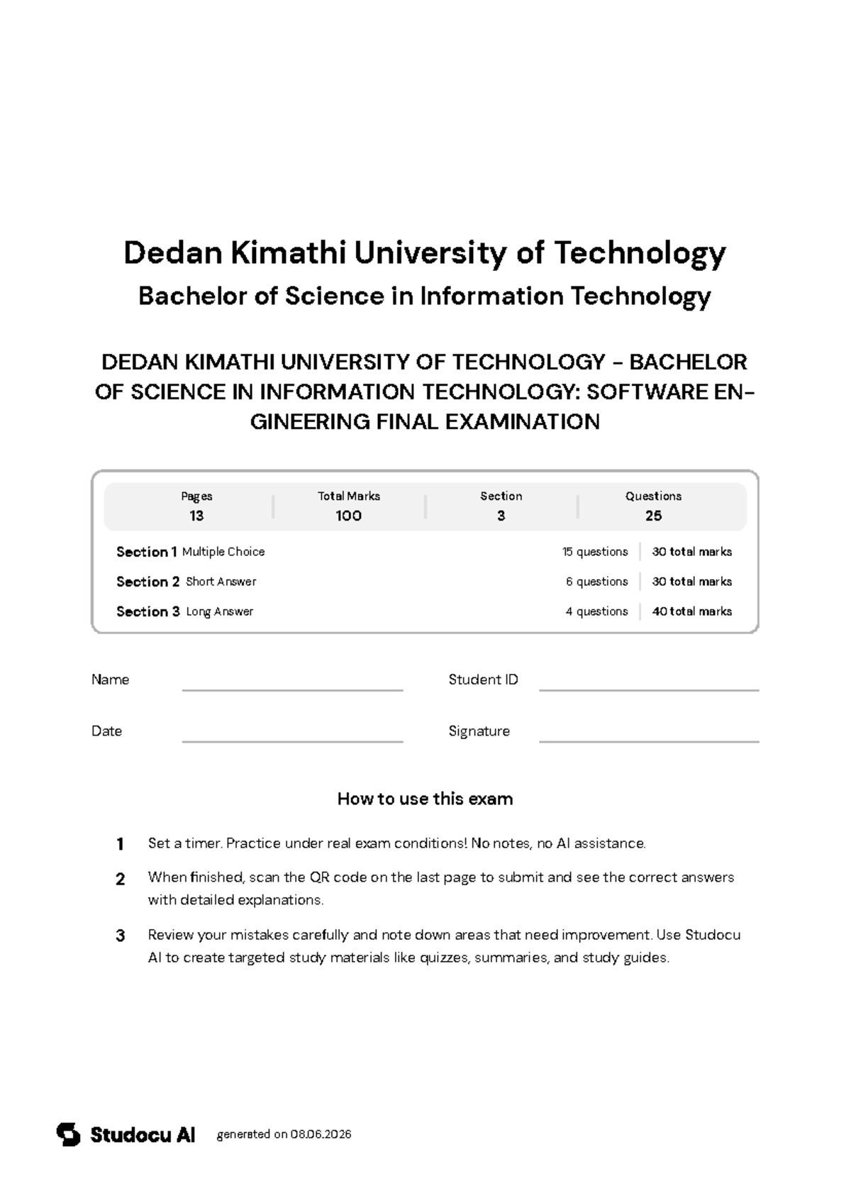 BIT 2102 Software Engineering Final Exam - Studocu