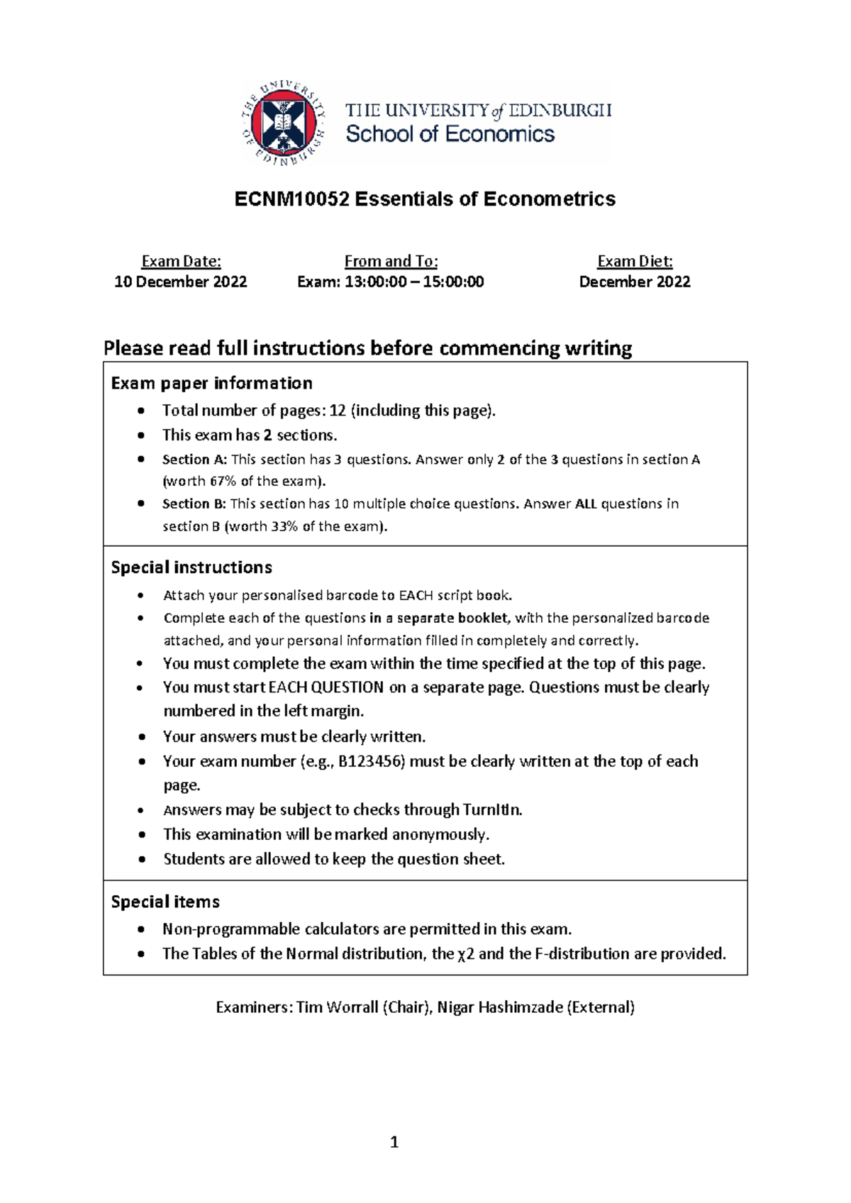 ECNM10052 Final Exam 2022/23 Econometrics Past Paper - Studocu
