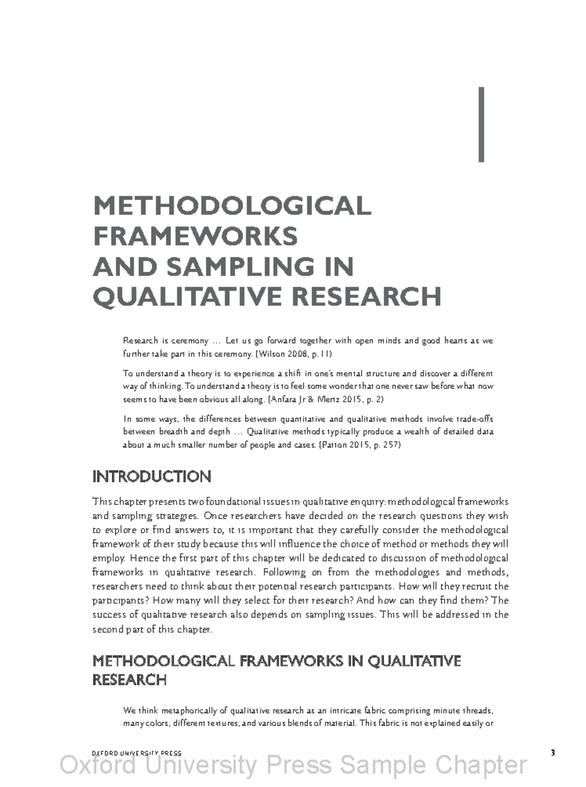 METHODOLOGICAL FRAMEWORKS & SAMPLING IN QUALITATIVE RESEARCH (CH1 ...