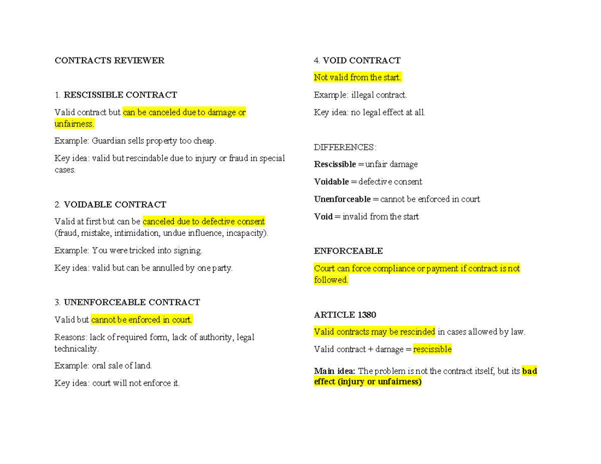 Contracts Reviewer: Understanding Void, Voidable, and Rescissible ...
