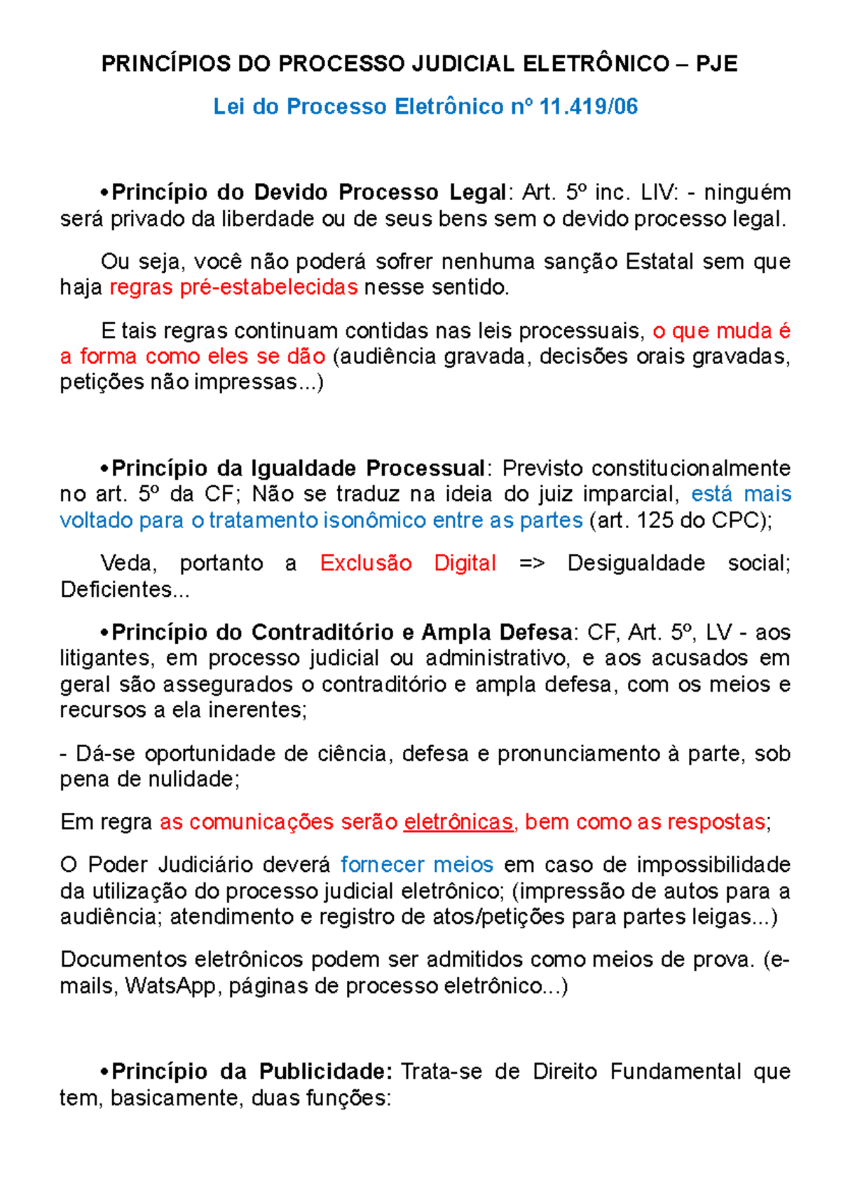 Aula Resumo - PRINCÍPIOS DO PROCESSO JUDICIAL ELETRÔNICO – PJE Lei do ...