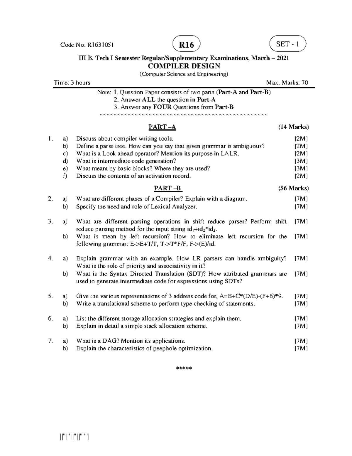 Compiler design R16 SET 1, 2, and 4 B. Tech I semester exam notes - Studocu