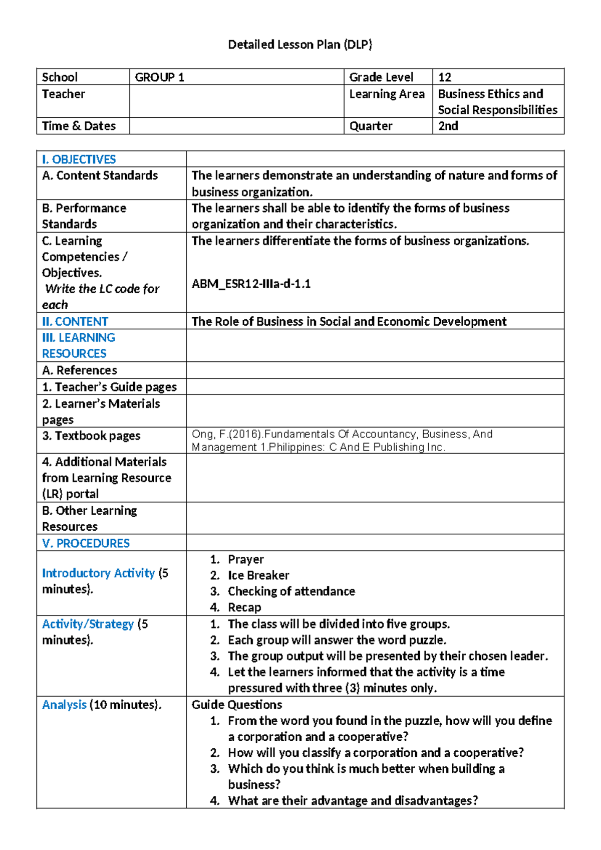 DLP.Business Ethics Detailed Lesson Plan Chapter 1 - LC 1 - Studocu