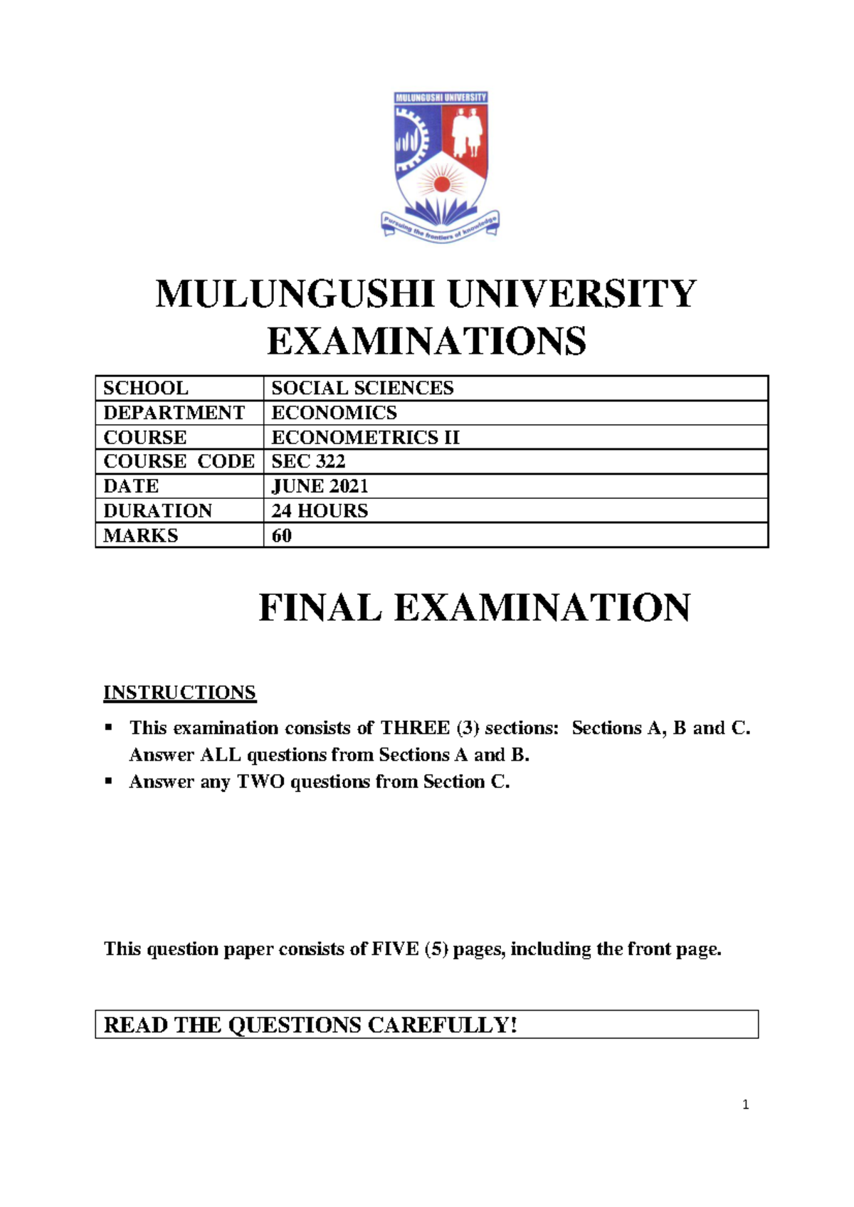 SEC 322 Final Exam 2021 - Econometrics II Overview and Questions - Studocu