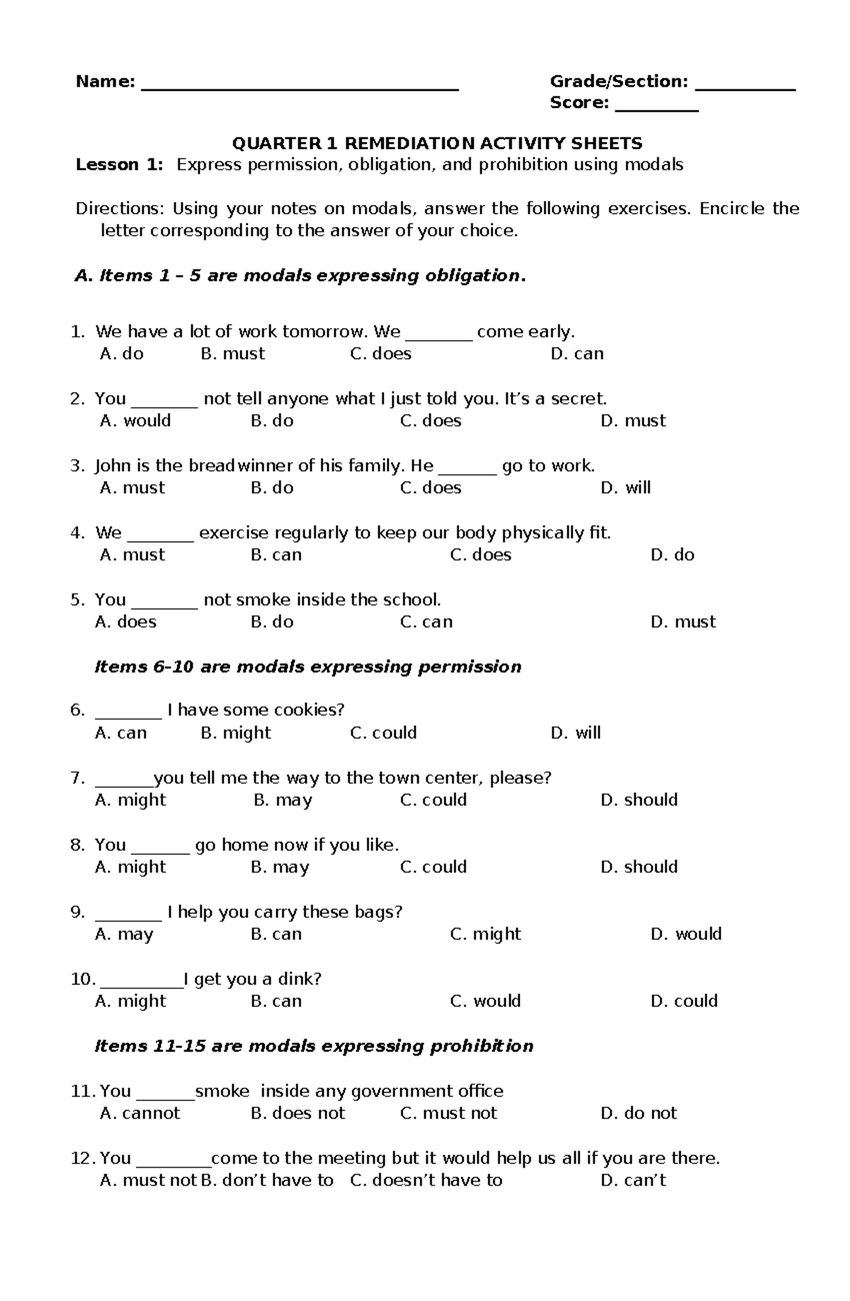 Quarter 1 Remediation Activity Sheets - Name ...