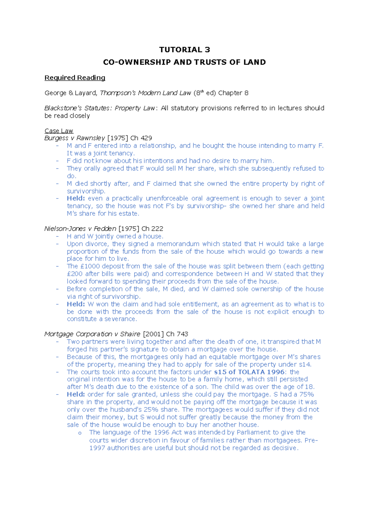 Land Law Tutorial 3: Trusts of Land Reading & Case Analysis - Studocu