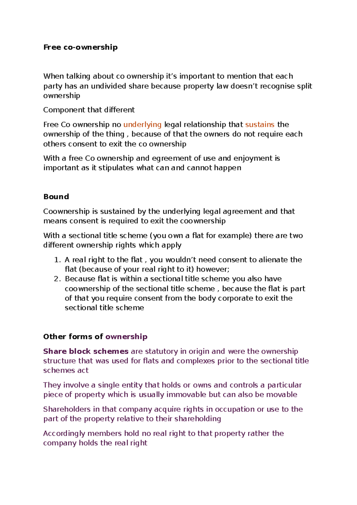 Co-Ownership Types and Legal Implications - Property Law Notes (DOC 4 ...