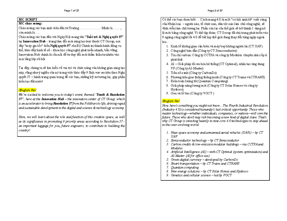 MC Script for Event: Resolution 57 at CT Group Innovation Hub - Studocu