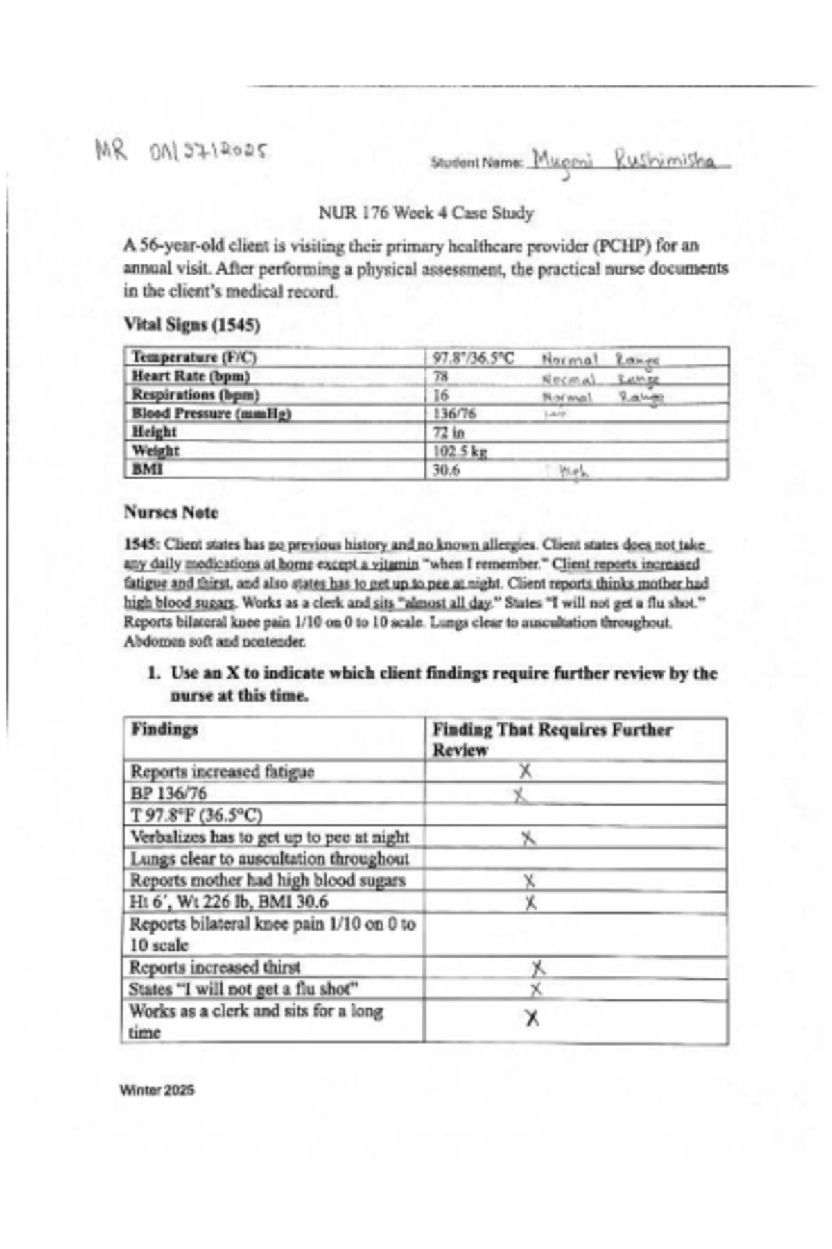 NUR 176 Week 4 Case Study: Client Assessment & Diabetes Management ...