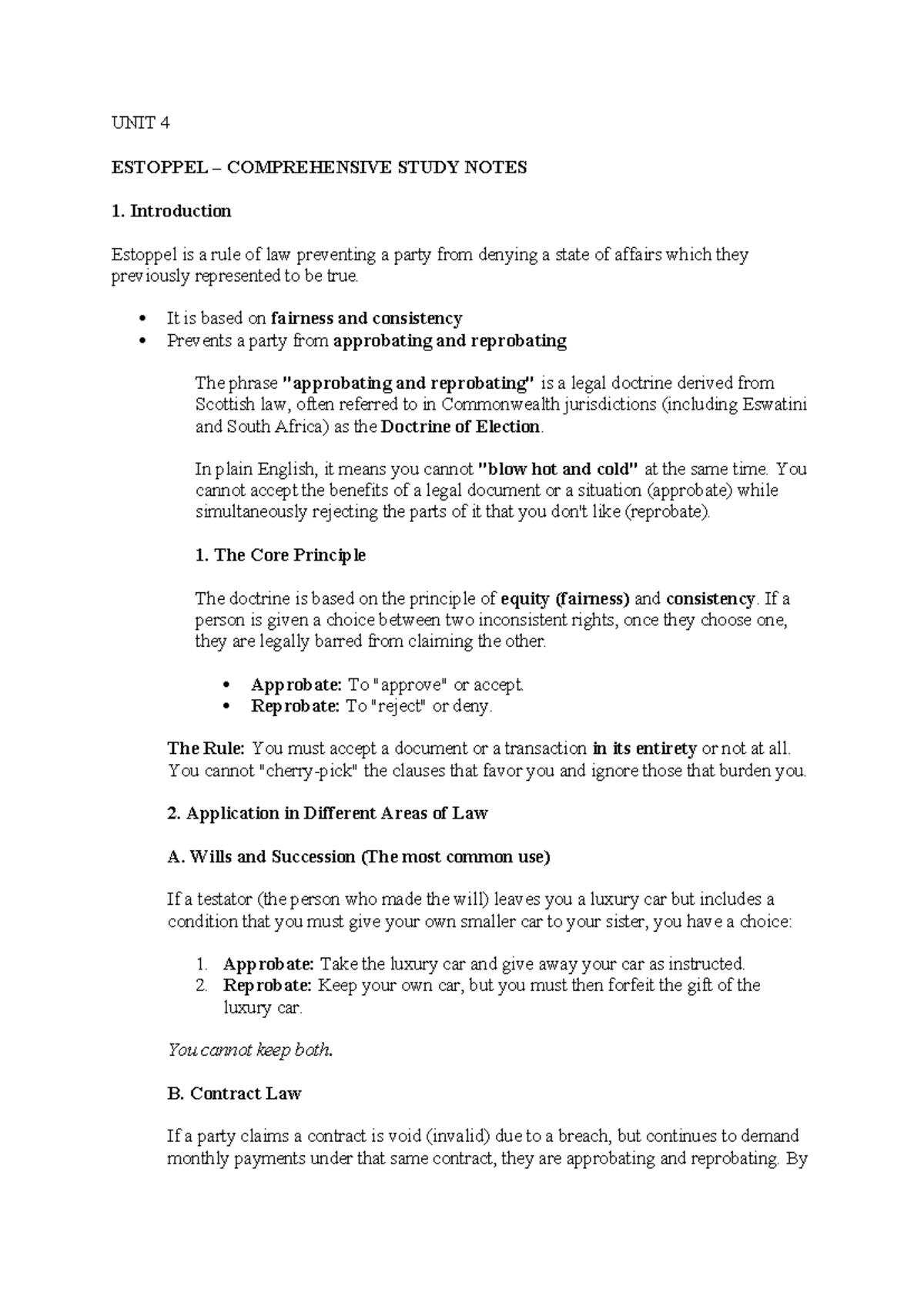 UNIT 4 - Estoppel Comprehensive Study Notes and Case Analysis - Studocu