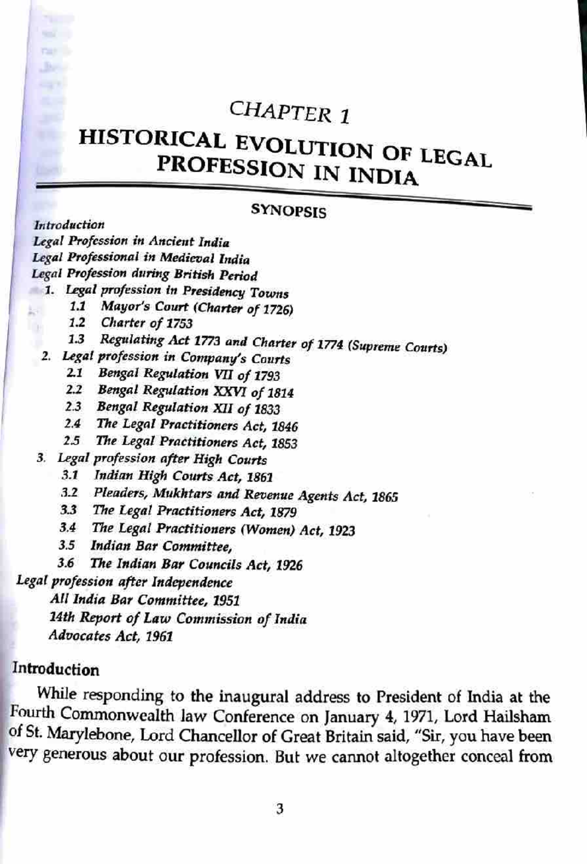 CHAPTER 1: HISTORICAL EVOLUTION OF LEGAL PROFESSION IN INDIA - SYNOPSIS ...