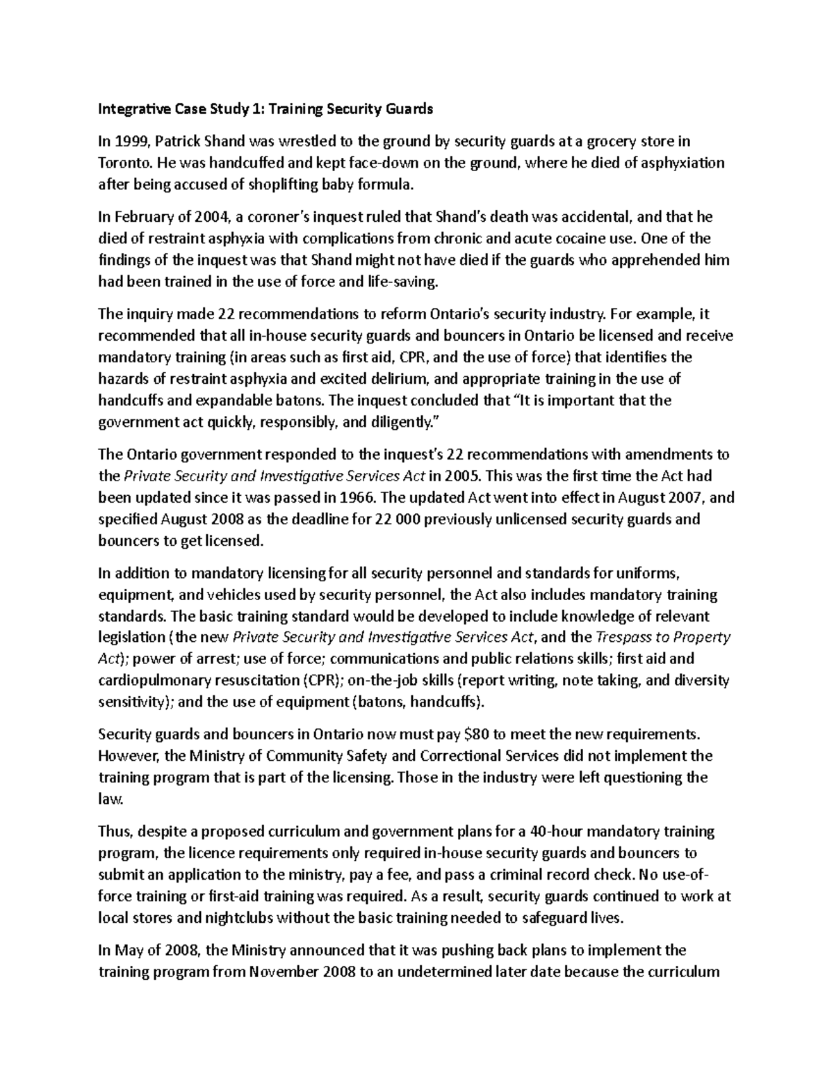 Integrative Case Study 1: Training Security Guards in Ontario - Studocu