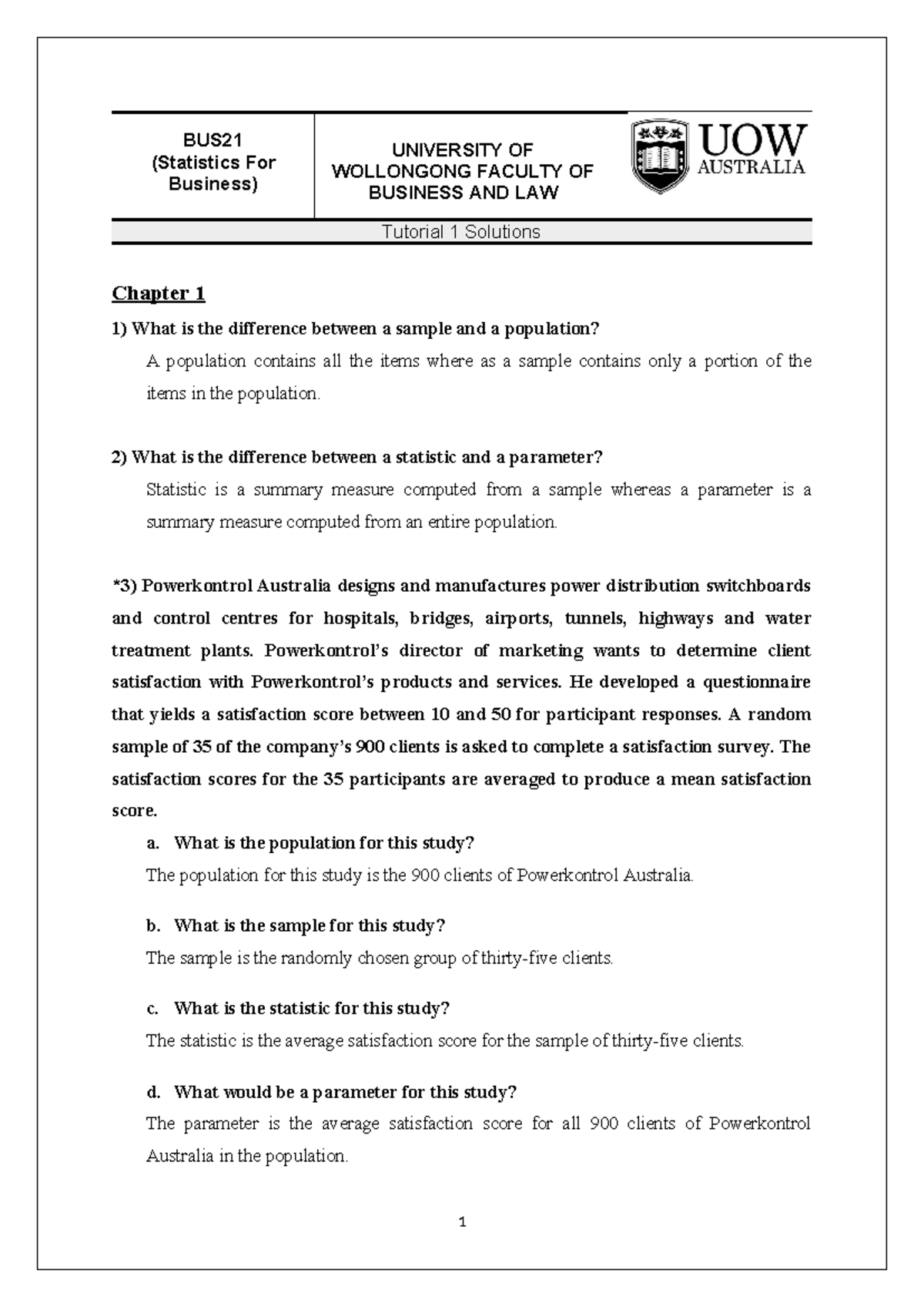 BUS121 T01 Solutions ch 1-3 - ####### BUS (Statistics For Business ...