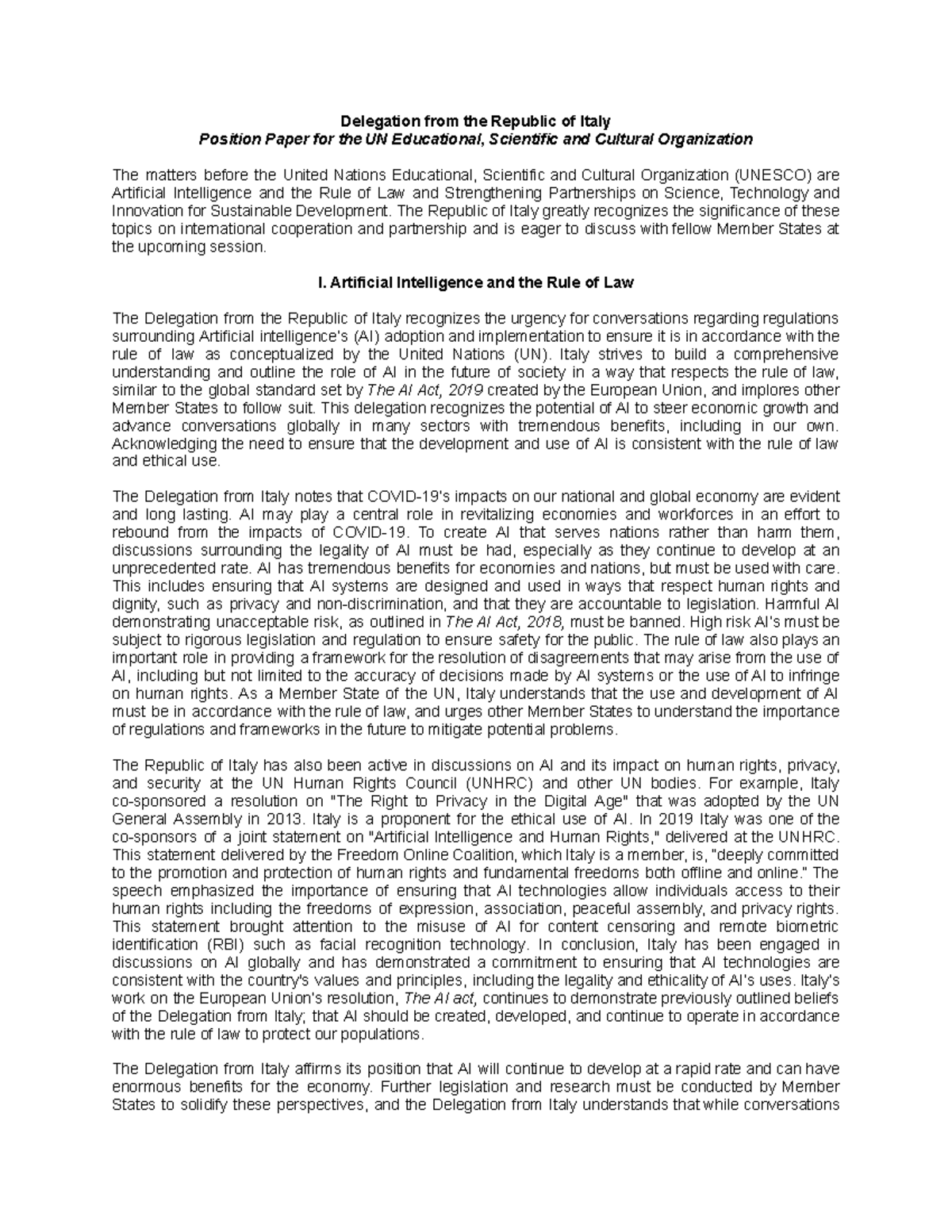 UNESCO Position Paper: Italy's Stance on AI & Rule of Law - Studocu