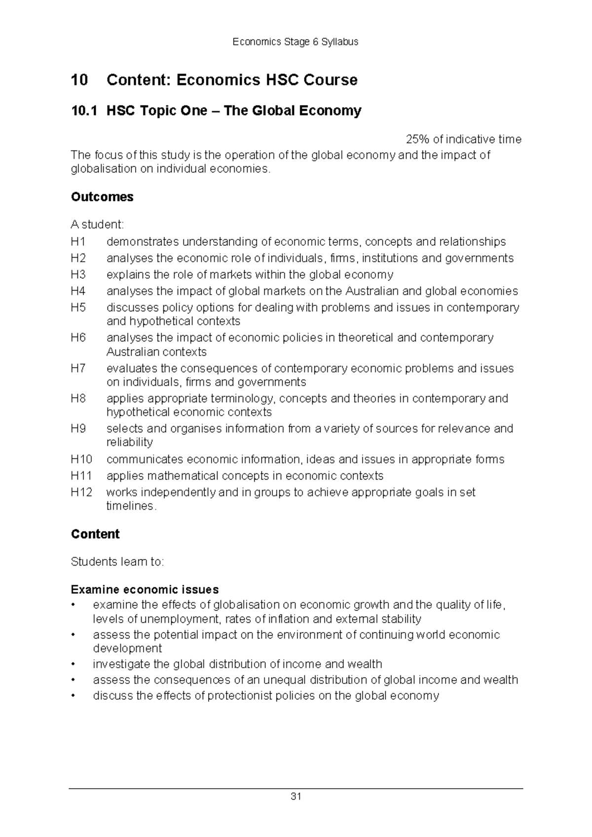 HSC Economics Stage 6 Syllabus Overview and Key Topics - Studocu