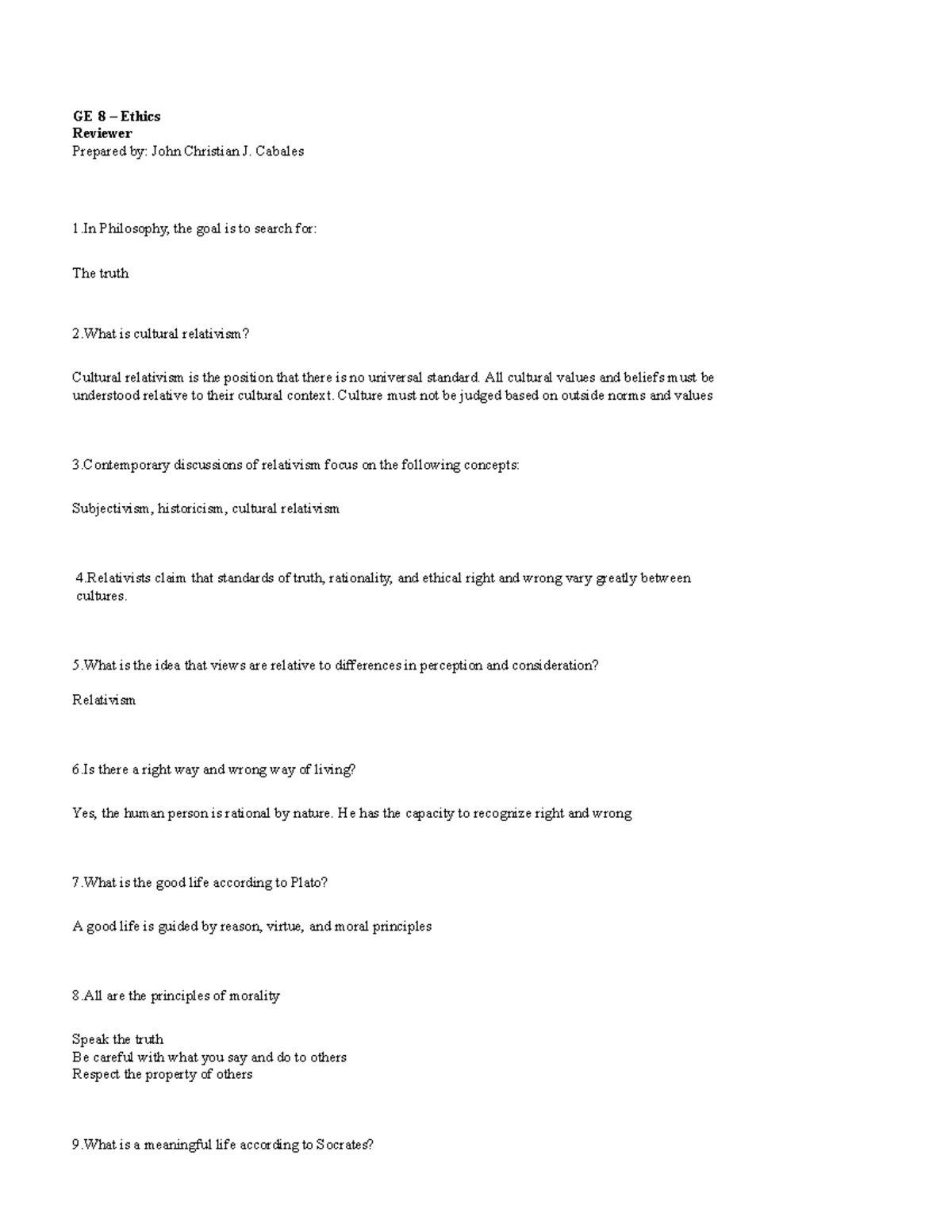 GE 8 Ethics Reviewer: Key Concepts and Philosophical Insights - Studocu