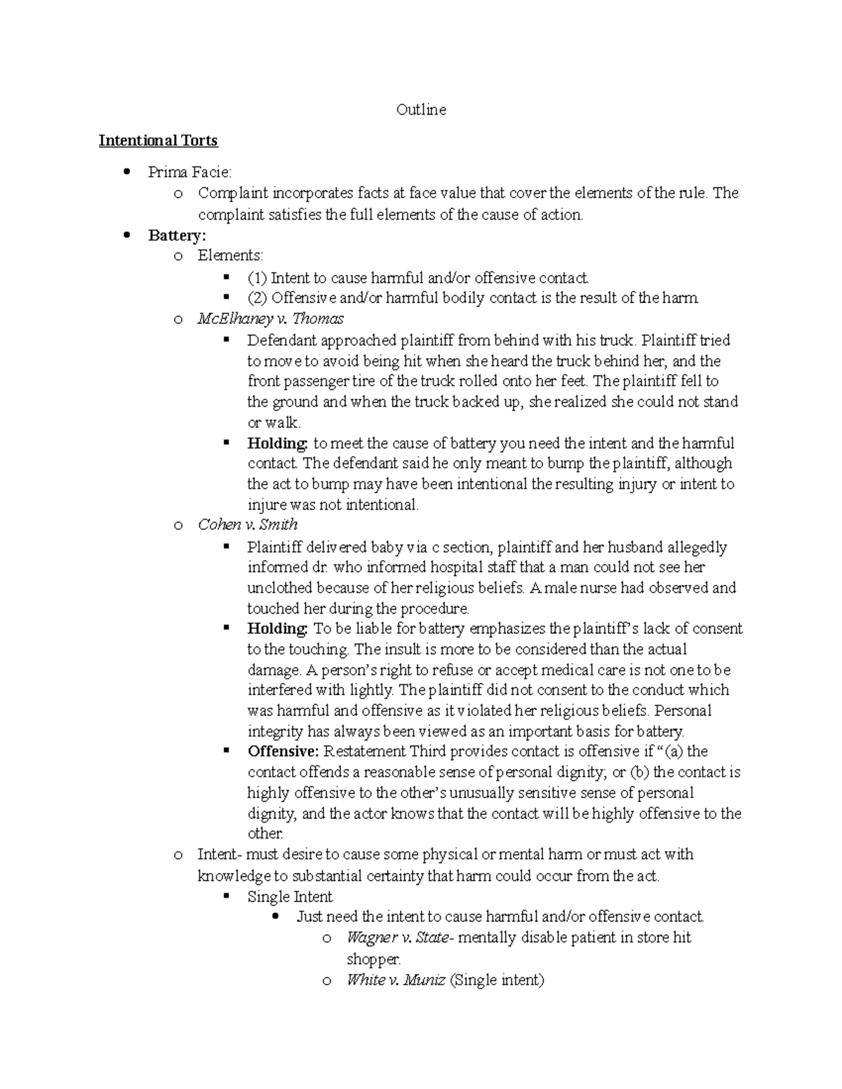 Torts Law Outline - Key Concepts and Cases for Legal Studies - Studocu