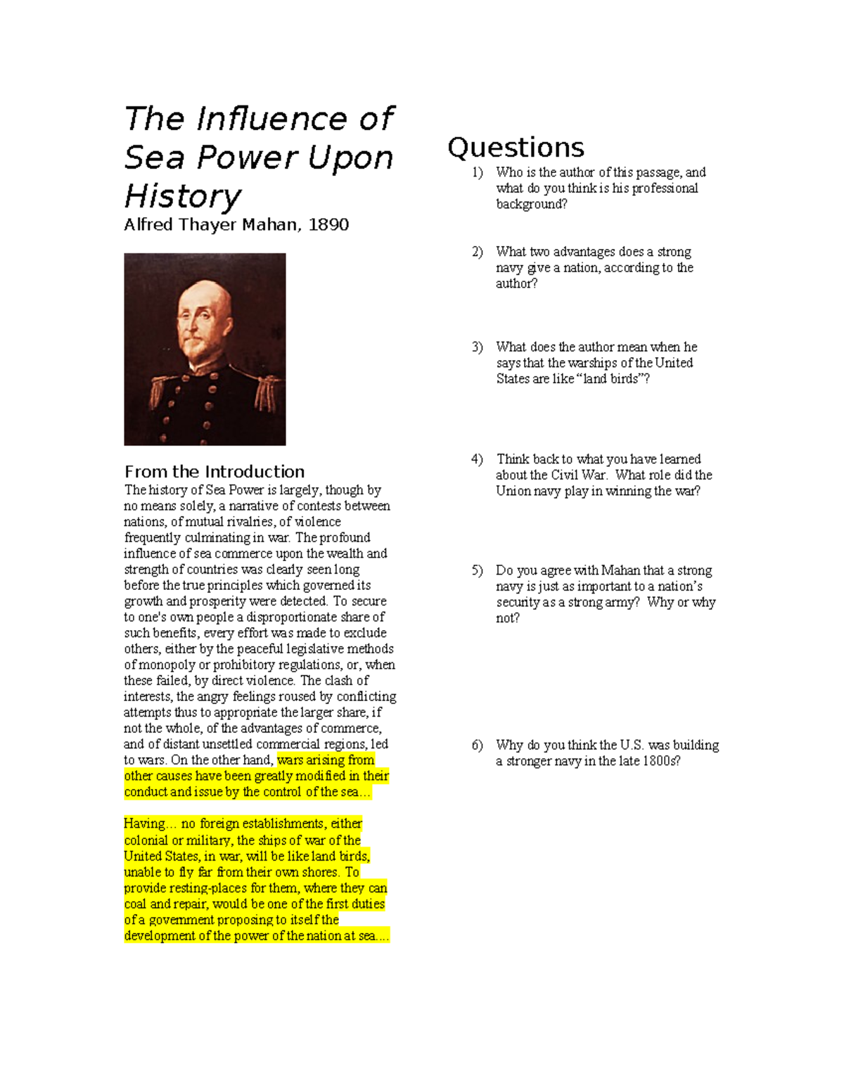 Apush - Chapter 19 Imperialism Primary Docs - The Influence of Sea ...