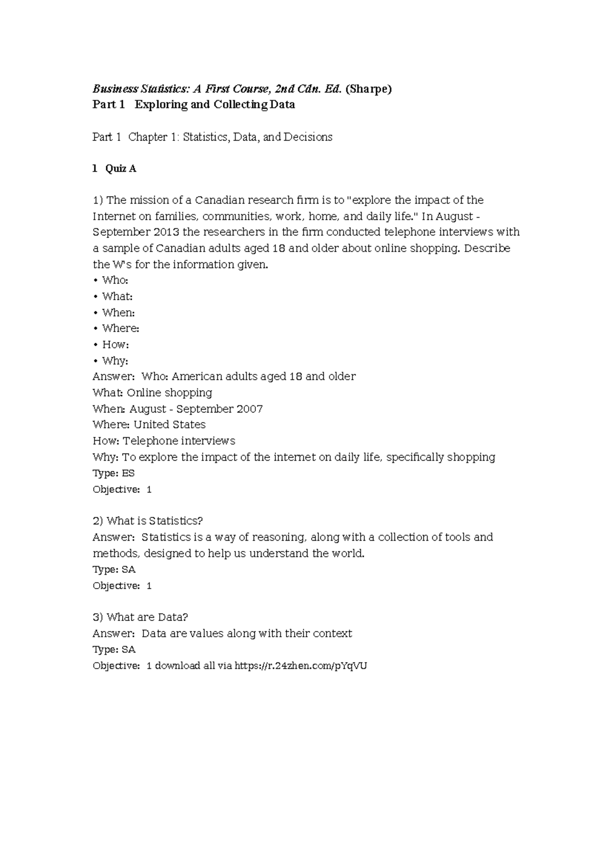 C1 BUS Statistics A First Course 2E - Quiz A & Data Analysis Notes ...