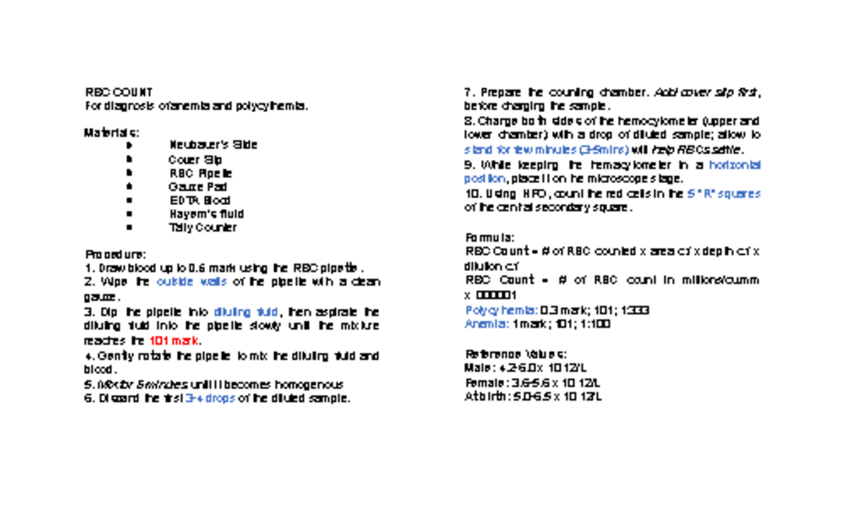 CBC - Complete Blood Count Procedures and Reference Ranges - Studocu