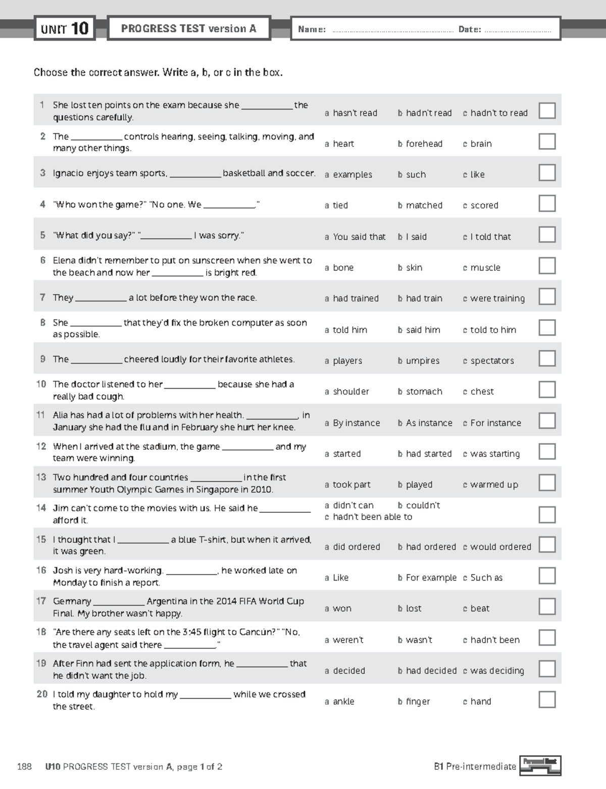 U10 PROGRESS TEST Version A - Answer Key and Questions - Studocu