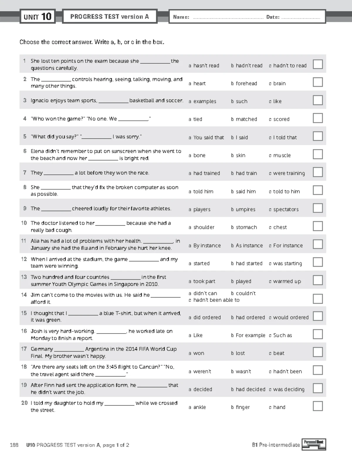 U11 PROGRESS TEST Version A: Answer Key and Instructions - Studocu