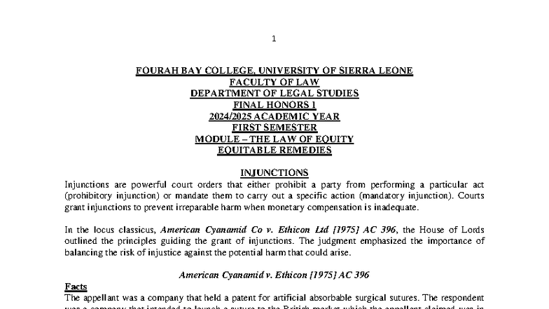 Final Exam: The Law of Equity (LE 401) - Equitable Remedies ...