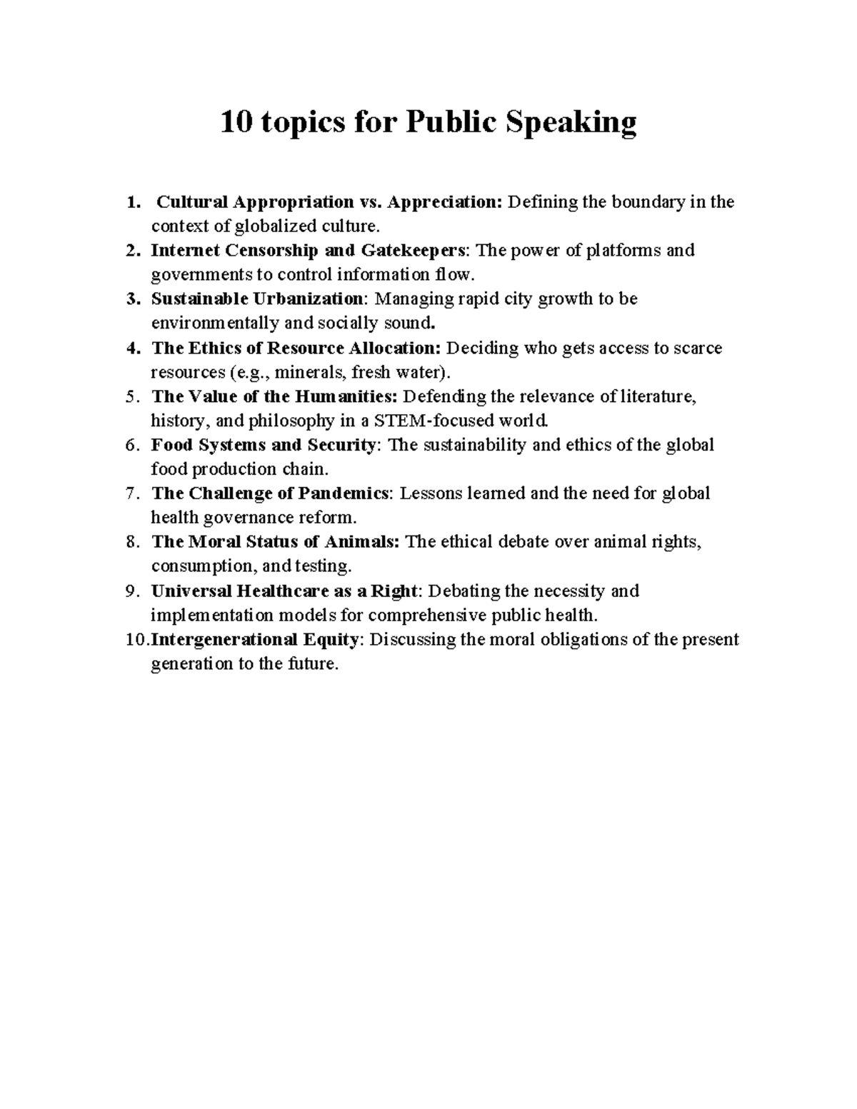 Final 20 Topics for Public Speaking - 2526: Key Issues Explored - Studocu