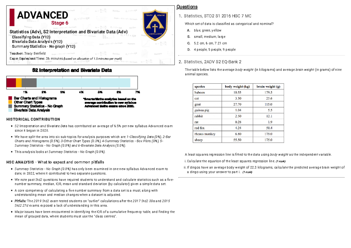 Bivariate Data Analysis & Summary Statistics - Stats ADV S2 Exam Prep ...