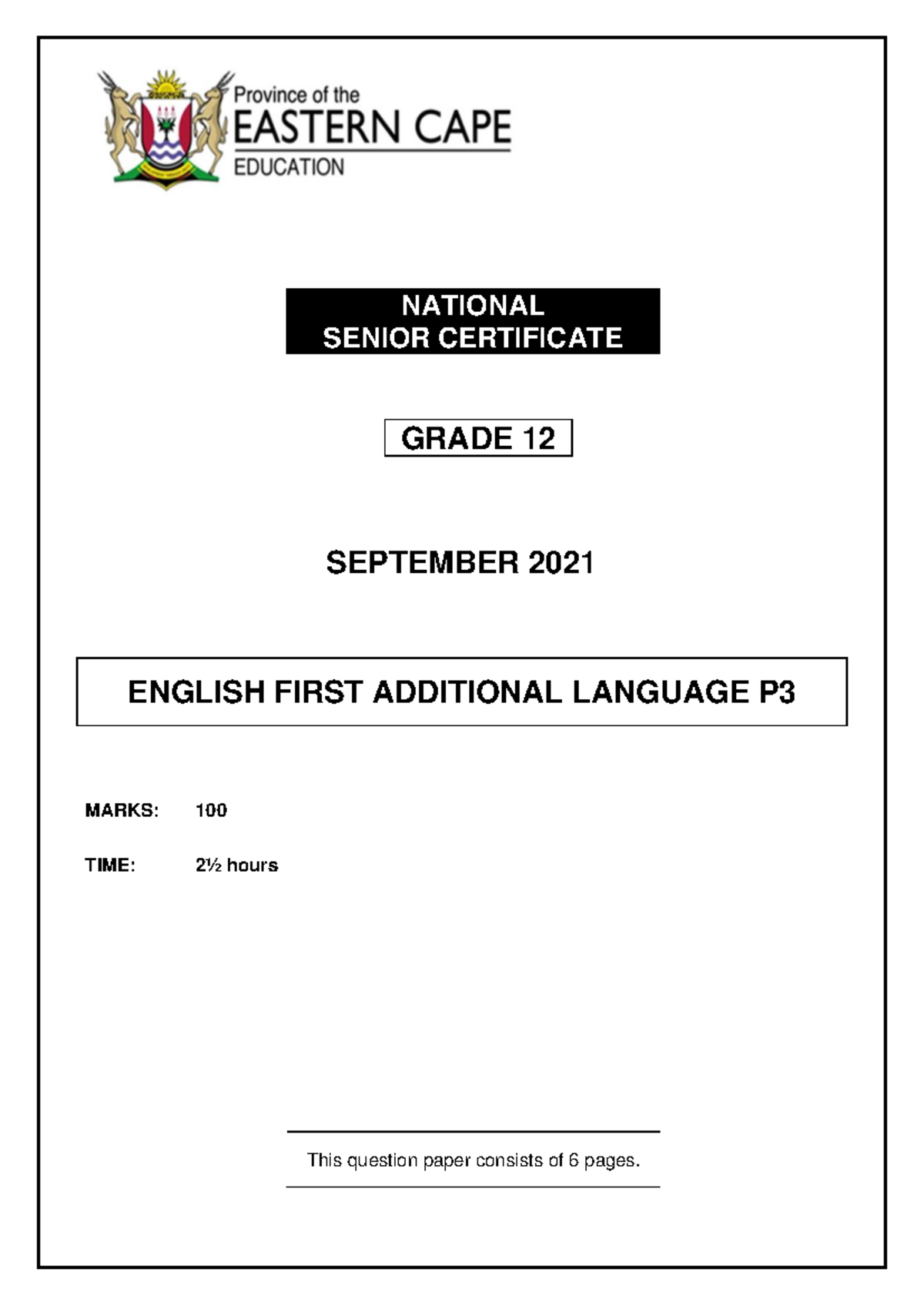 Eng Fal P3 Gr12 September 2021 Question Paper Review Studocu