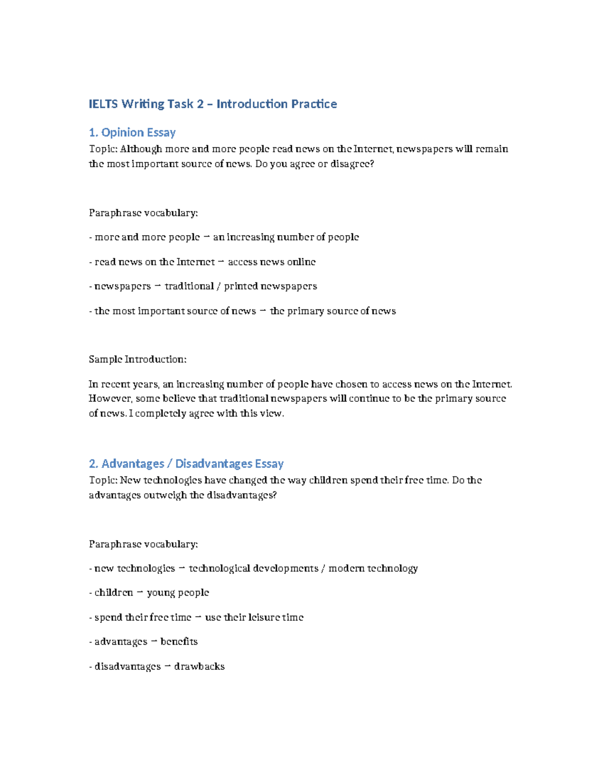 IELTS Writing Task 2 Intro Practice: Opinion & Discussion Essays - Studocu