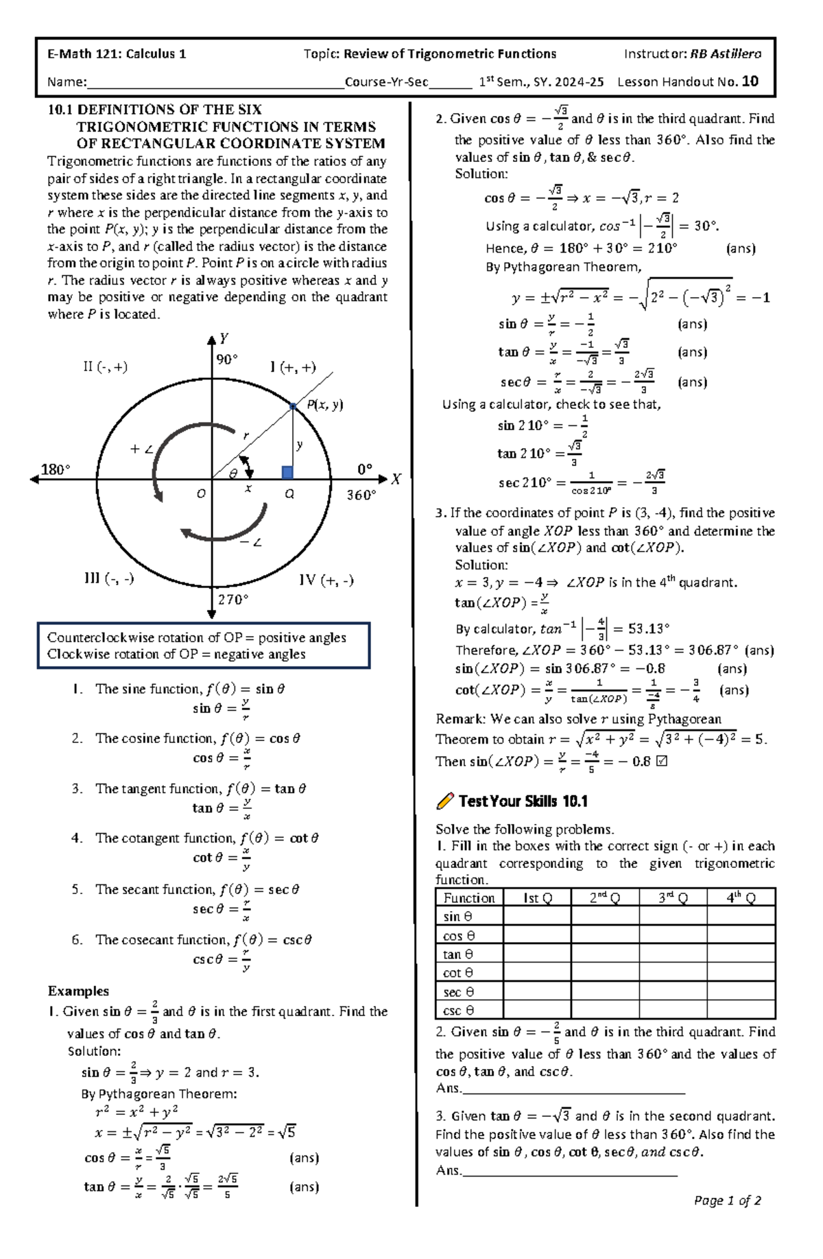 Handout 10 Review Of Trig Functions Page 1 Of 2 Y X O P X Y Y X R Ii I Iii