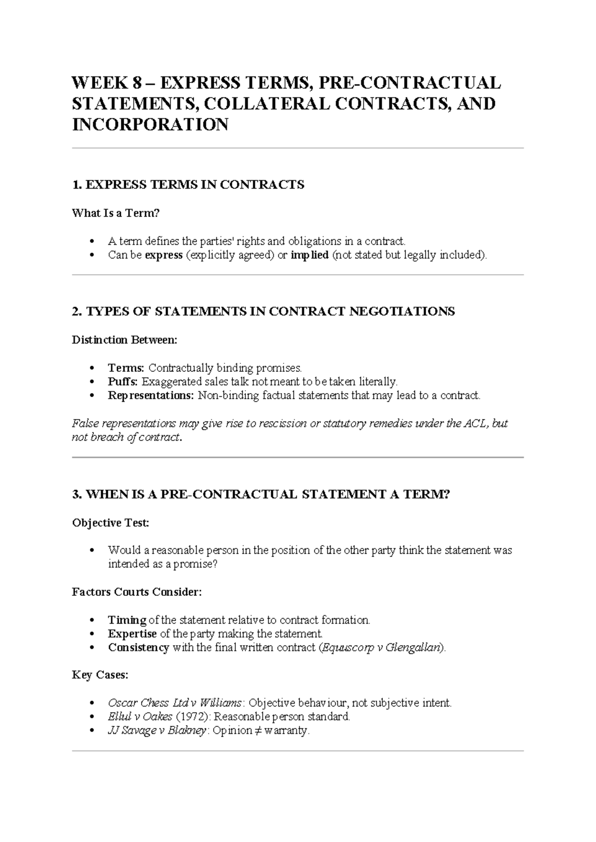 WEEK 8 - Contract Law: Express Terms, Statements & Collateral Contracts ...